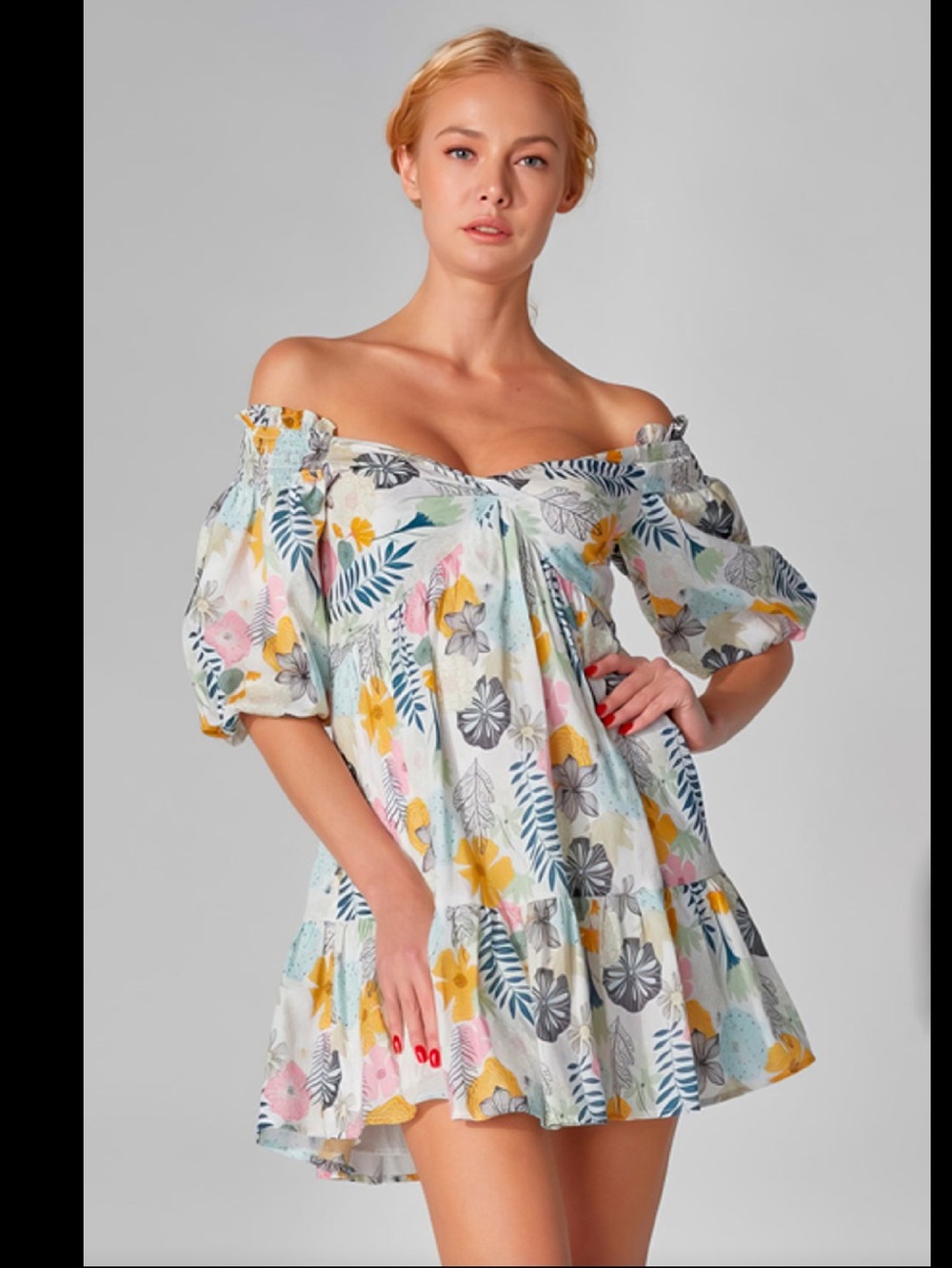 Lena Off-Shoulder Floral Mini Dress in White with Yellow & Pink Accents ๐๐